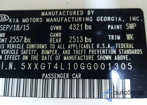 2016 Kia Optima Lx Turbo из США, поврежденный, VIN 5XXGT4L10GG001305